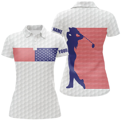 American Flag White Golf Pattern Polo Shirt Custom Patriotic Golf Shirts For Women Golf Gift LDT0773