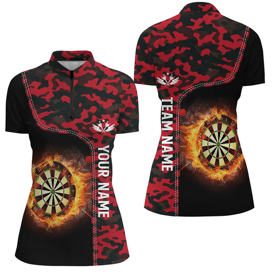 Red Camo Flame Darts Board Womens Quarter Zip Shirt Womens Darts Shirt Custom Dart Jerseys LDT1237