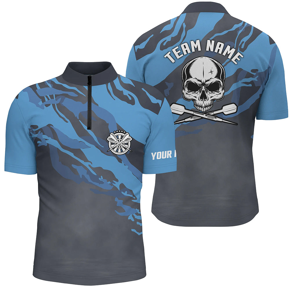 Personalized Blue Skull Darts Quarter Zip Shirt Custom Darts Shirt For Men Dart Jerseys LDT1067