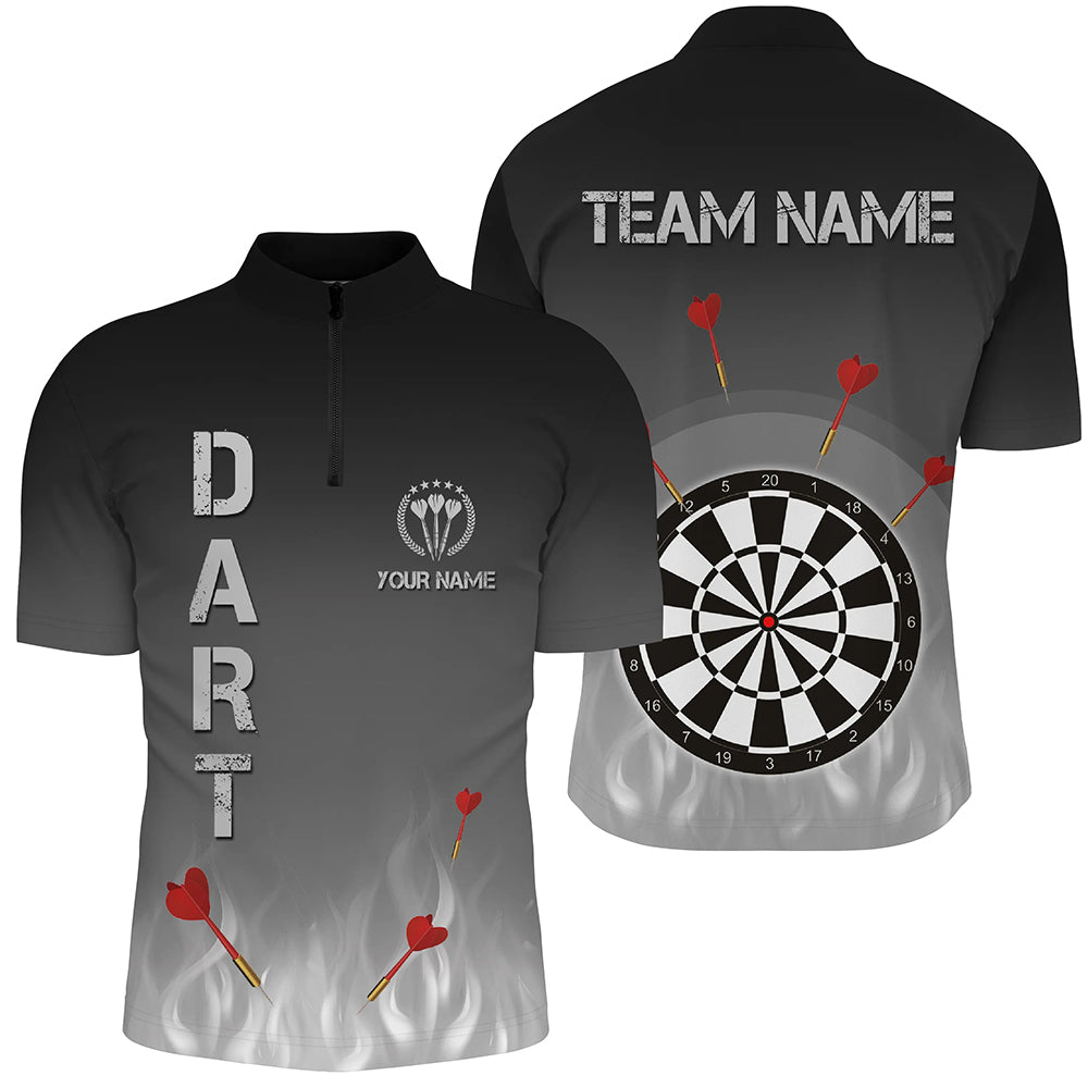 Gradient Black Grey Fire Flame Darts Quarter Zip Shirts Custom Cool Darts Jersey For Men LDT1078