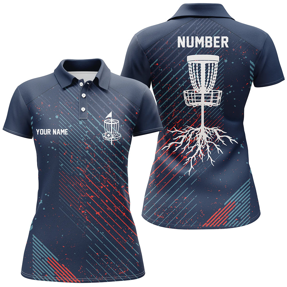 Blue Red Geometric Pattern Womens Disc Golf Polo Shirt Cool Golf Shirts For Women Golf Gifts LDT0596