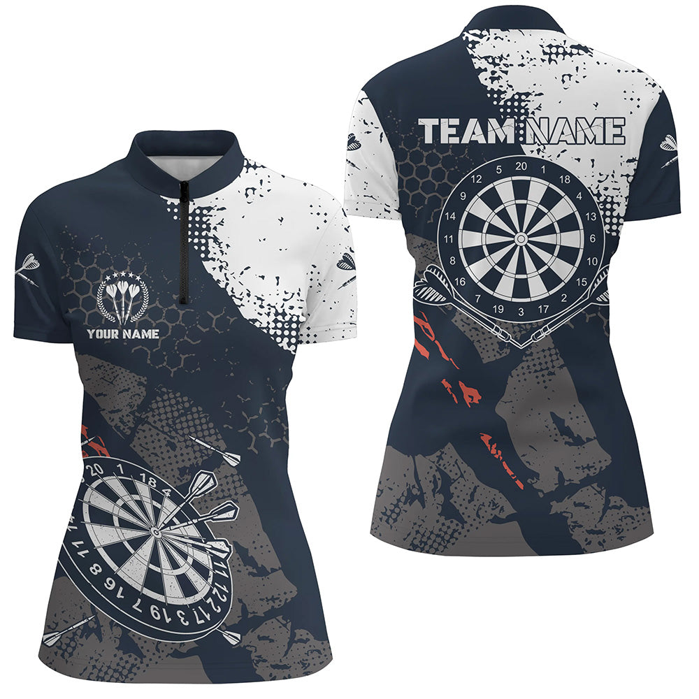 Retro Navy White Pattern Custom Womens Darts Quarter Zip Shirt Dart Team Jerseys For Women LDT0900