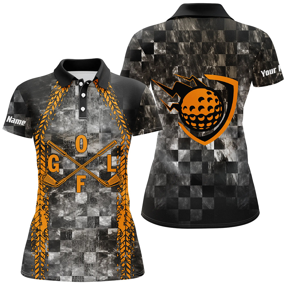 Golf Orange Womens Polo Shirt Checker Pattern Racing Polos For Womens, Best Gift For Golfers LDT0166