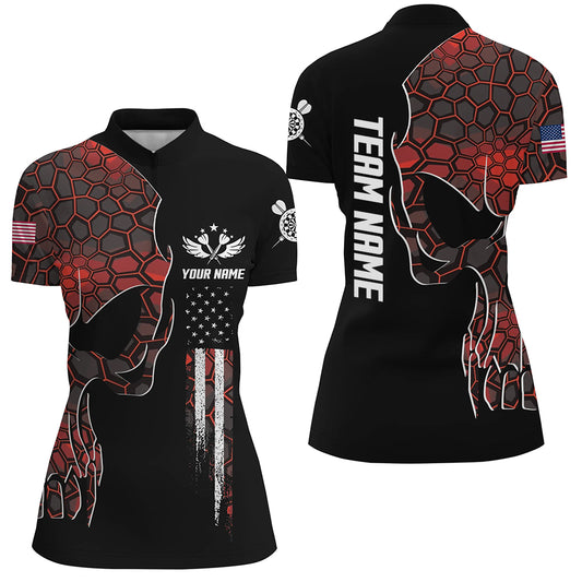 Red Geometric Camo American Flag Skull Darts Quarter Zip Shirt Patriotic Women Dart Jersey LDT0990