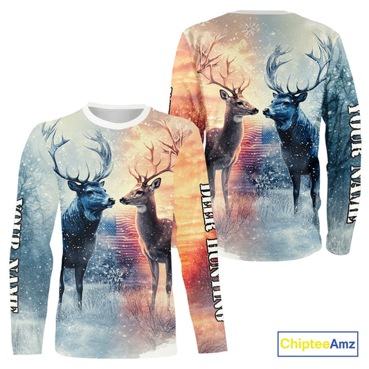 Deer Hunting in snow American Flag Long Sleeve, Hoodie Shirt NHT02