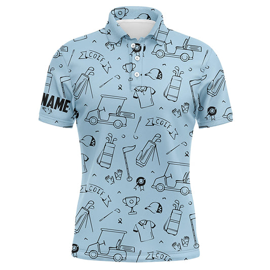 Golf Equipment Pattern Mens Polo Golf Shirts, Custom Name Sky Blue Best Golf Shirts For Men LDT0049