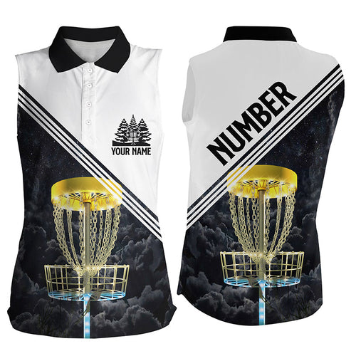 Womens Sleeveless Disc Golf Polo Shirt Golden Disc Golf Basket, Custom Disc Golf Shirts For Women LDT0090