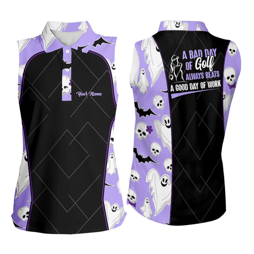 Womens Purple Halloween Sleeveless Golf Shirt Halloween With Skulls And Ghosts Golf Shirts For Women LDT0113