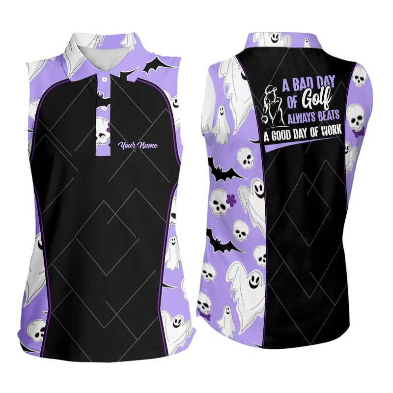 Womens Purple Halloween Sleeveless Golf Shirt Halloween With Skulls And Ghosts Golf Shirts For Women LDT0113