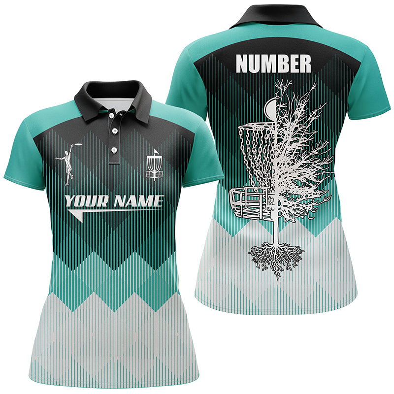 Turquoise Geometric Pattern Womens Disc Golf Polo Shirt Personalized Disc Golf Tops For Women LDT1010