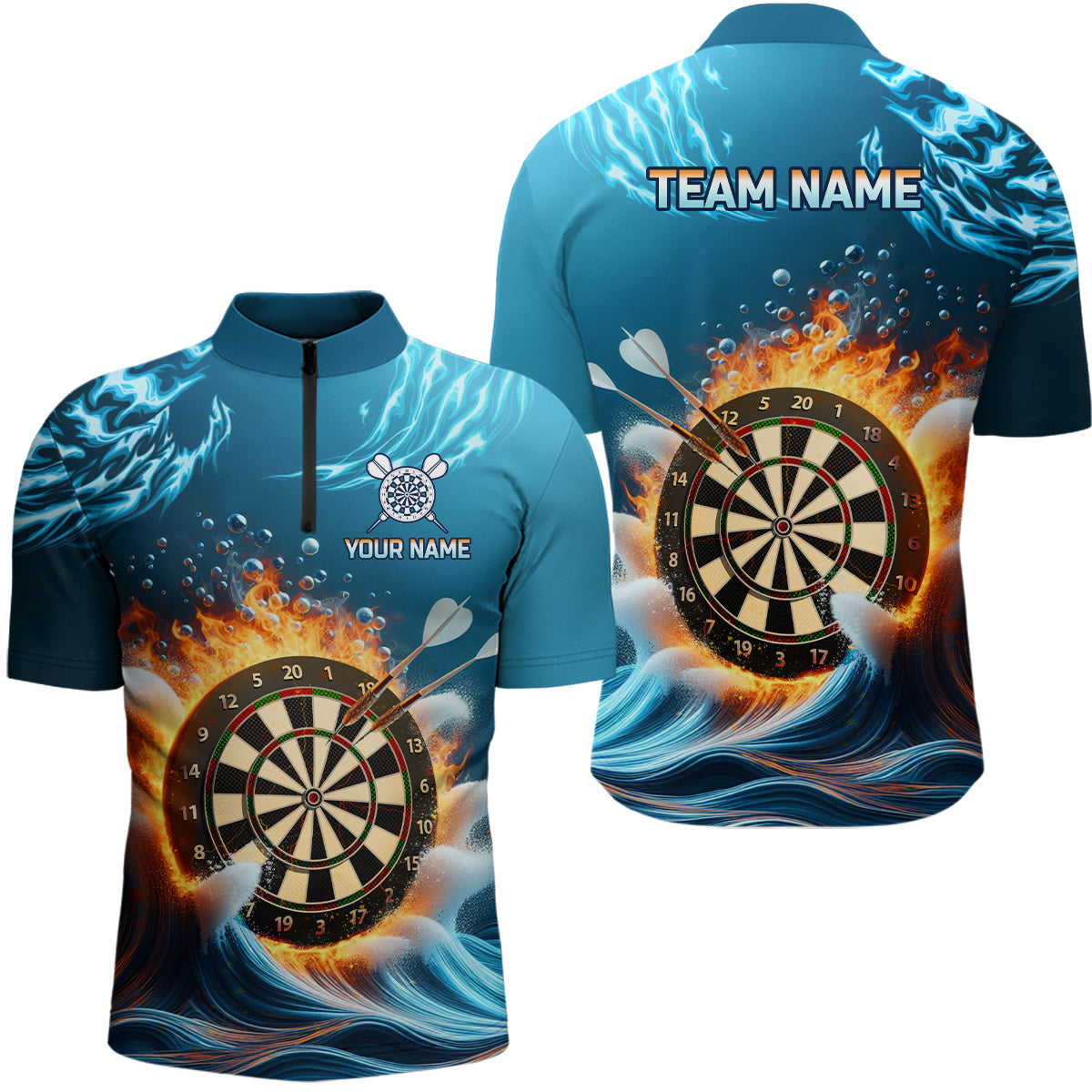 Fire And Water Blue Mens Darts Quarter Zip Shirt Custom Darts Shirt For Men Dart Jerseys LDT1427