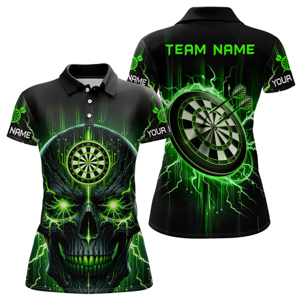 Black Green Skull Womens Darts Polo Shirt Custom Scary Darts Shirt For Women Dart Jerseys LDT1432