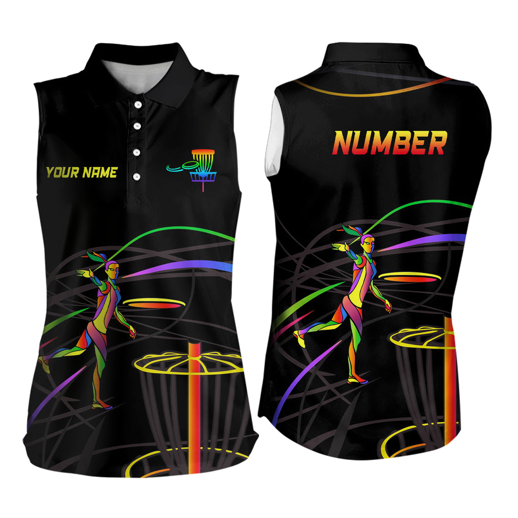 Rainbow Womens Disc Golf Sleeveless Polo Shirt Custom Disc Golf Basket Personalized Disc Golf Shirts LDT1014
