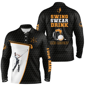 Swing Swear Drink And Repeat Black Mens Golf Polo Shirt Custom Beer Golf Shirts For Men Golf Gifts LDT1052