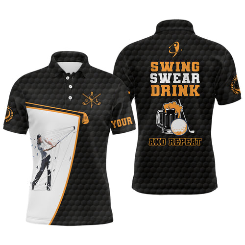 Swing Swear Drink And Repeat Black Mens Golf Polo Shirt Custom Beer Golf Shirts For Men Golf Gifts LDT1052