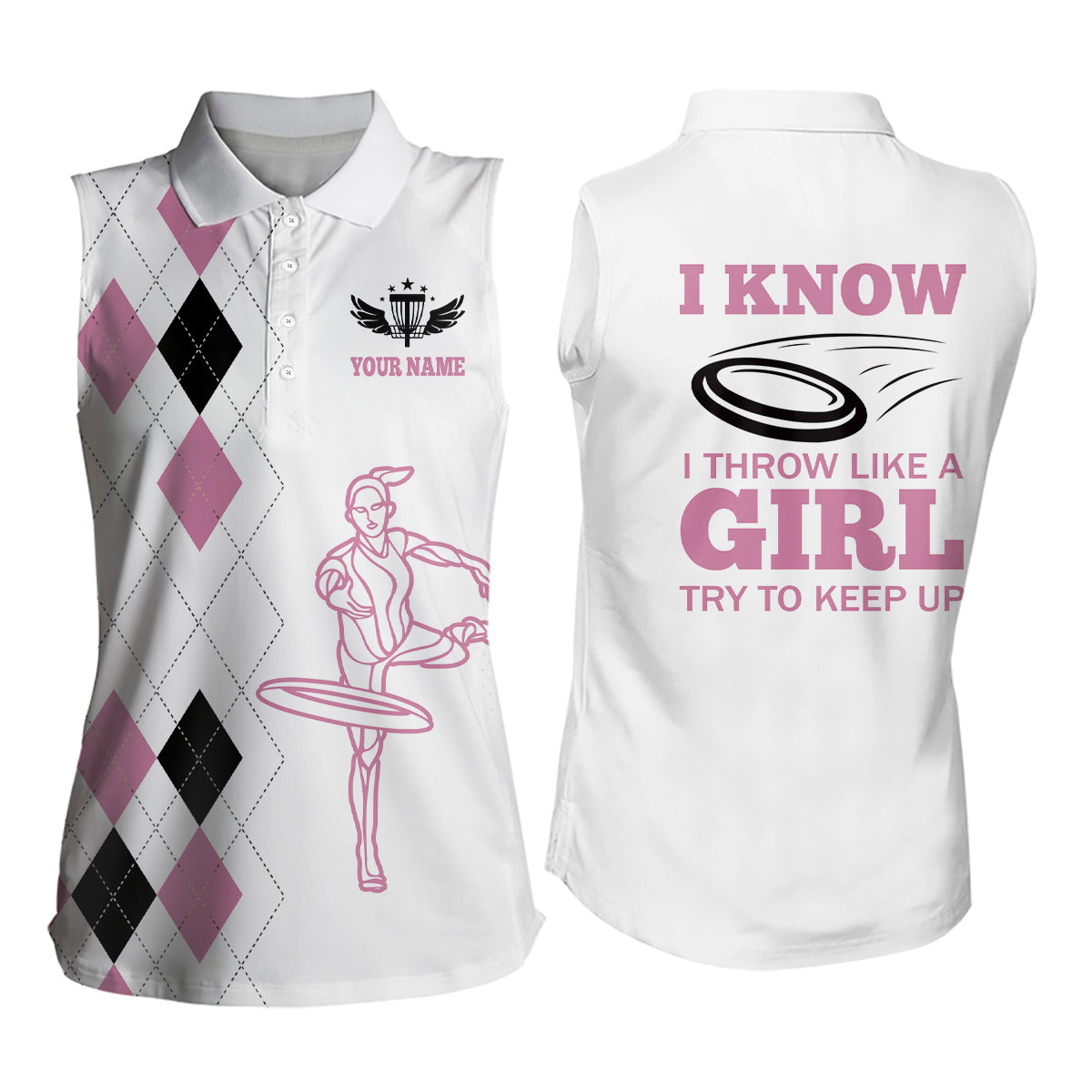 Pink Argyle Pattern Disc Golf Womens Sleeveless Polo Shirt Custom Disc Golf Tops For Women Golf Gifts LDT0910