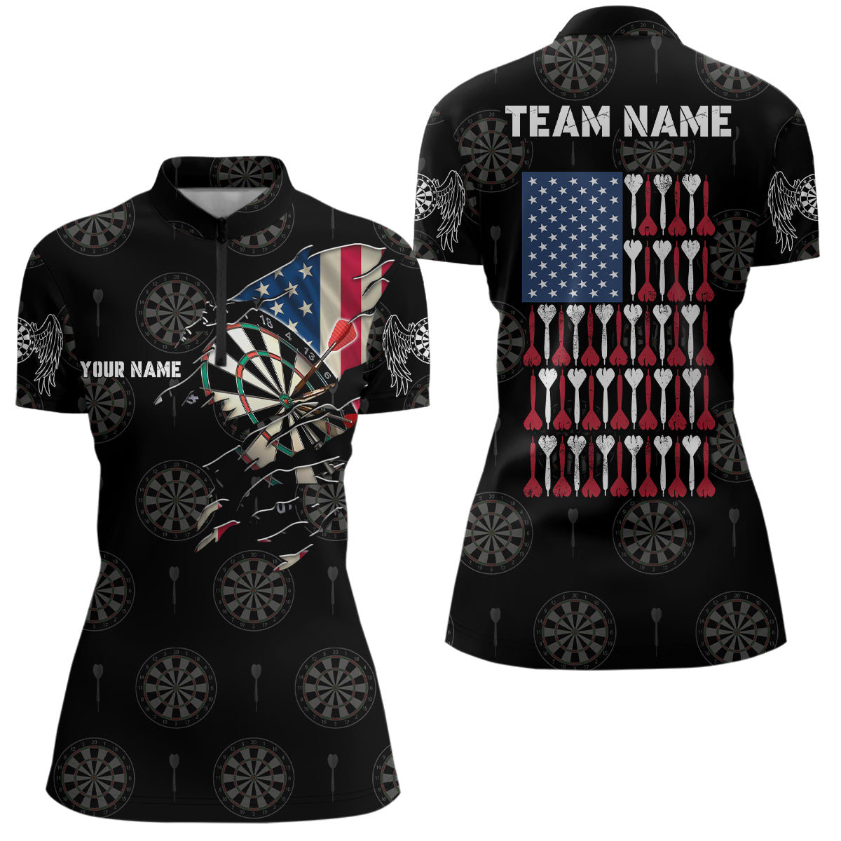 Personalized American Flag Darts Quarter-Zip Shirt Patriotic Darts Team Jersey For Women LDT0651