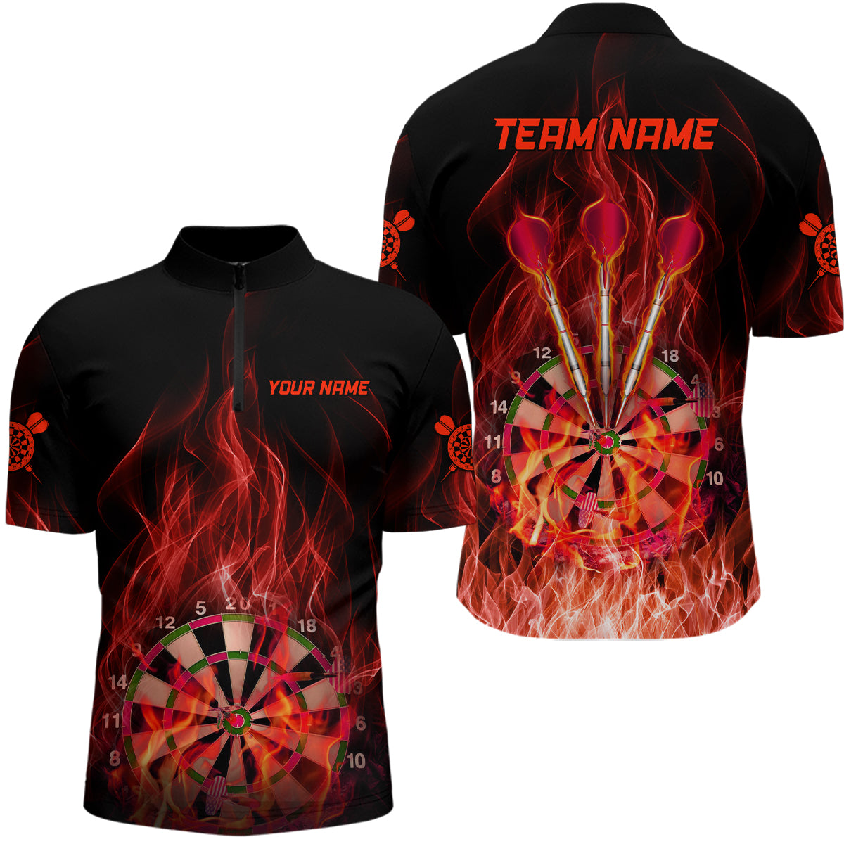 Red Fire Flame Mens Darts Quarter Zip Shirt Custom Dart Shirts For Men Dart Jerseys LDT1327