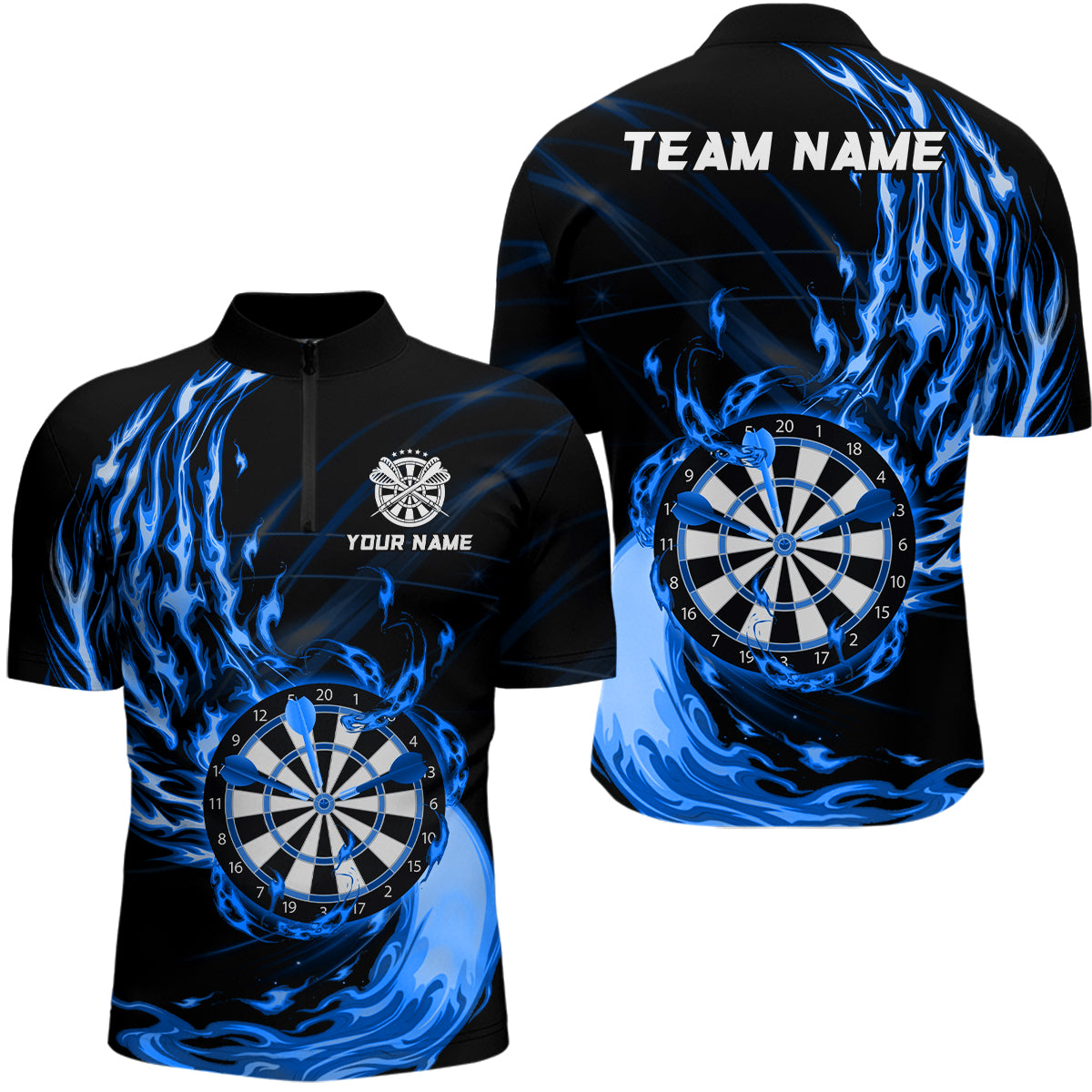 Blue Fire Dartboard Mens Darts Quarter Zip Shirt Custom Darts Shirt For Men Dart Jerseys LDT1472