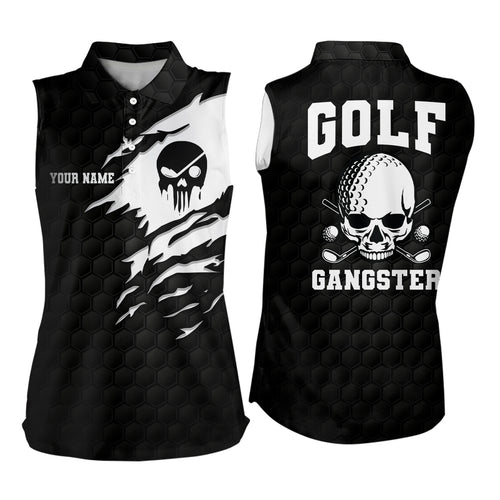 Golf Gangster Skull Sleeveless Polo Shirt Custom Black White Golf Pattern Scary Golf Shirts For Women LDT0373
