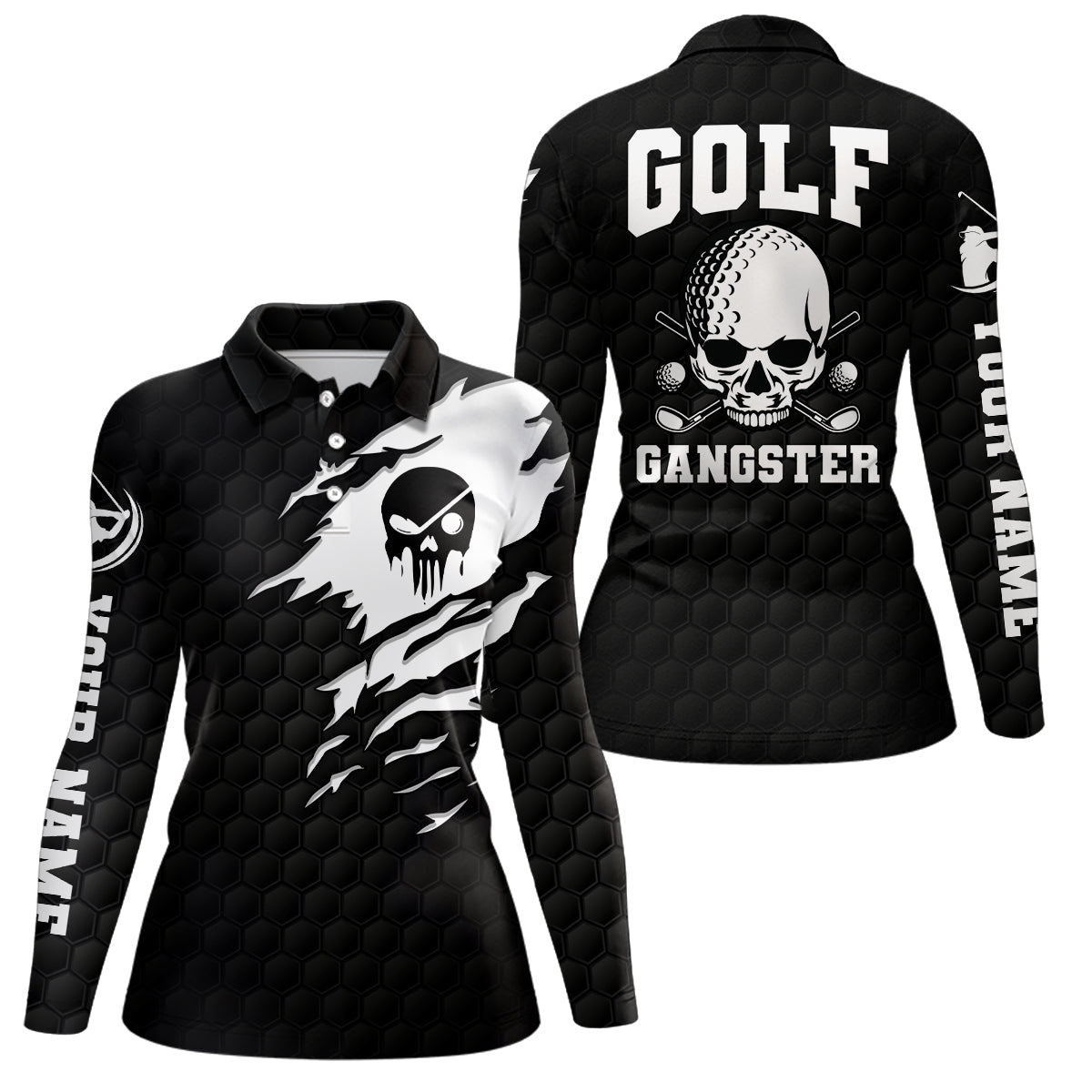 Golf Gangster Skull Polo Shirt Custom Black White Golf Pattern Scary Golf Shirts For Women LDT0373