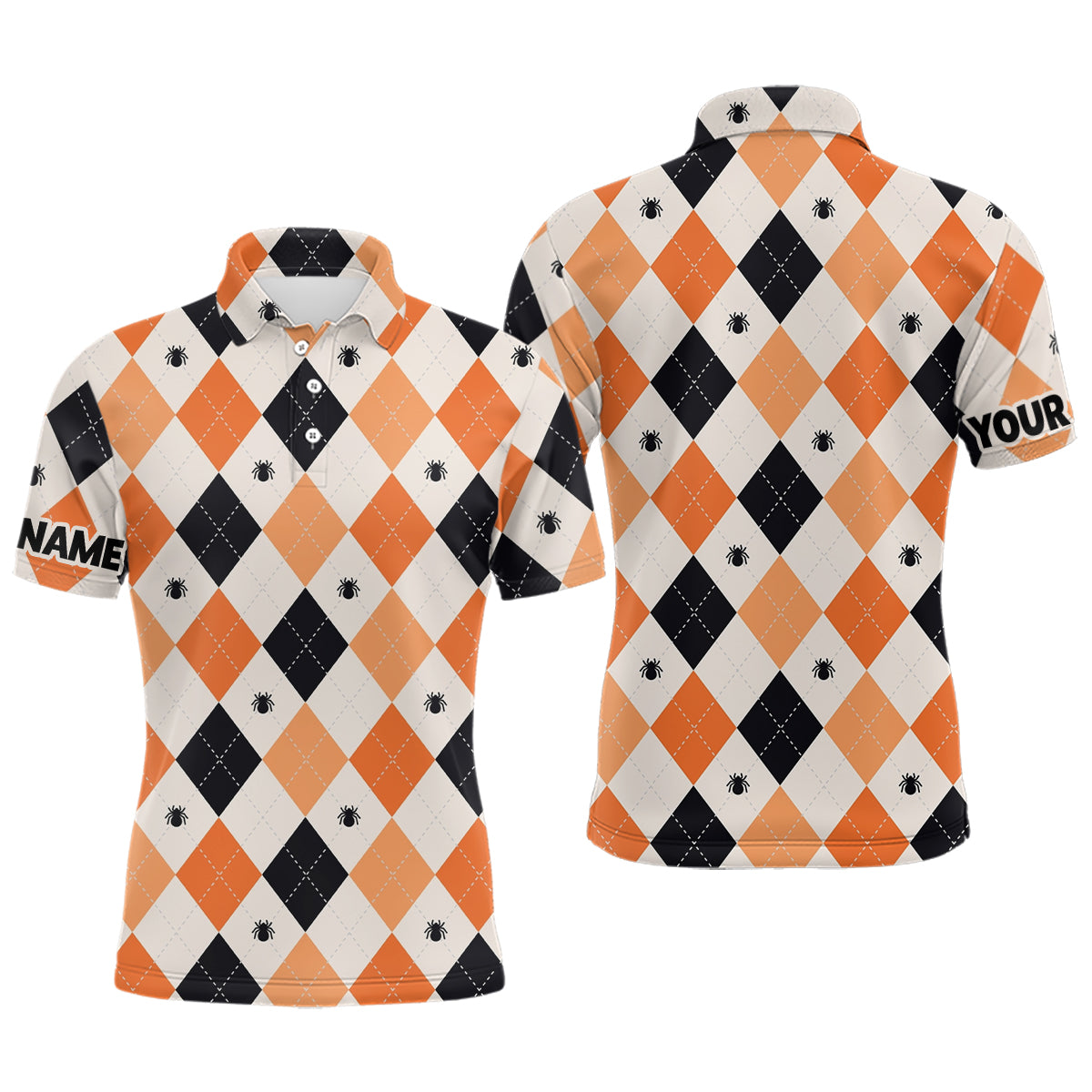 Halloween Argyle Plaid With Spider Mens Golf Polo Shirts Orange Black Golf Shirts For Men LDT0378