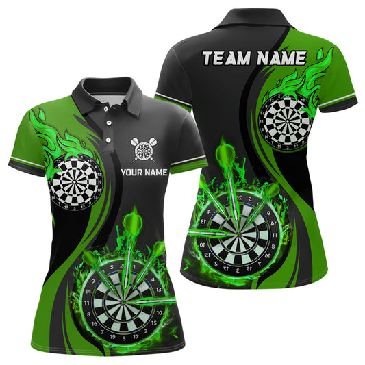 Green Fire Flame Womens Darts Polo Shirt Custom Dart Shirts For Women Dart Jerseys LDT1476
