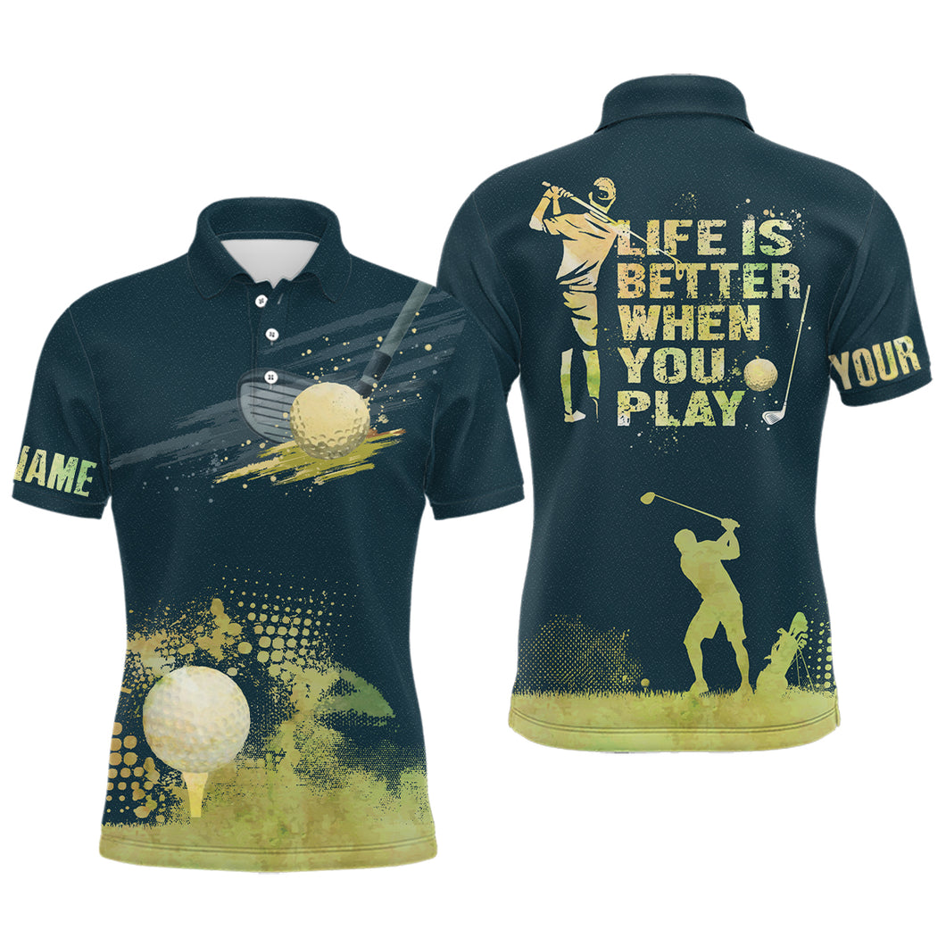 Mens Golf Artistic Wet Paint Polo Shirt, Personalized Dark Green Golf Shirts For Mens Golfing Gifts LDT0143