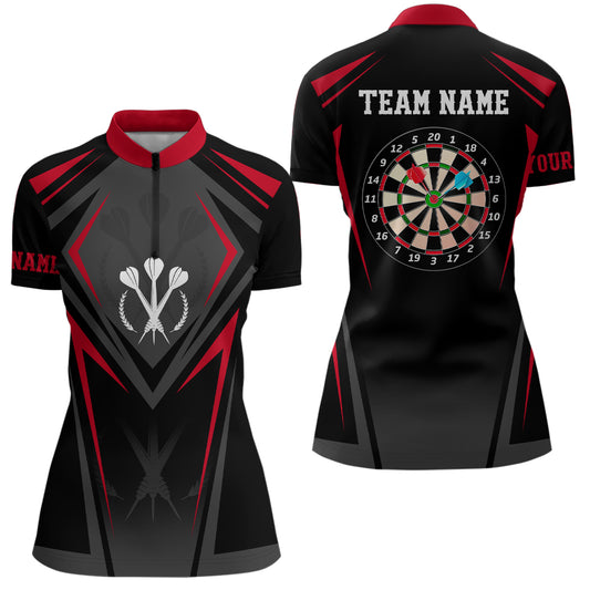 Red Black Sporty Personalized Darts Quarter Zip Shirt Custom Women Darts Shirt Dart Jersey LDT0966