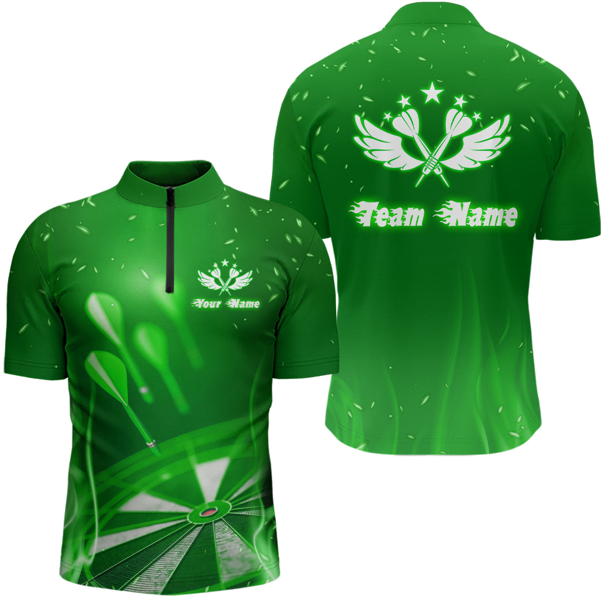 Green Fire Flame Star Personalized Darts Quarter Zip Shirt Custom Cool Dart Jersey For Men LDT1376