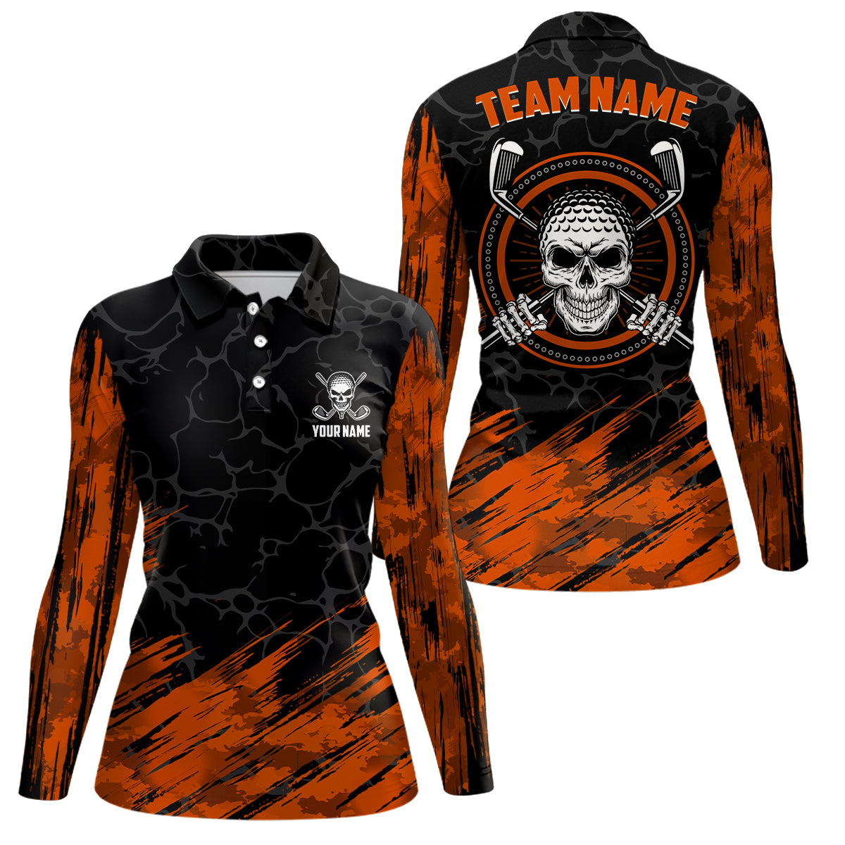 Personalized 3D All Over Print Skull Womens Golf Polos, Orange & Black Golf Shirts For Women LDT0178
