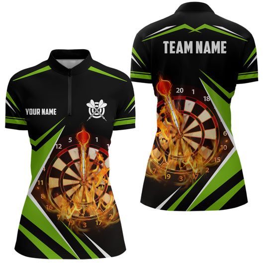 Black Green Fire Flame Darts Quarter Zip Shirt Custom Darts Shirt For Women Dart Jerseys LDT1389