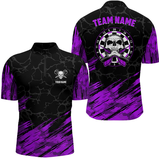 Personalized All Over Print Skull Darts Quarter Zip Shirt Purple Black Dart Jersey For Men LDT1394