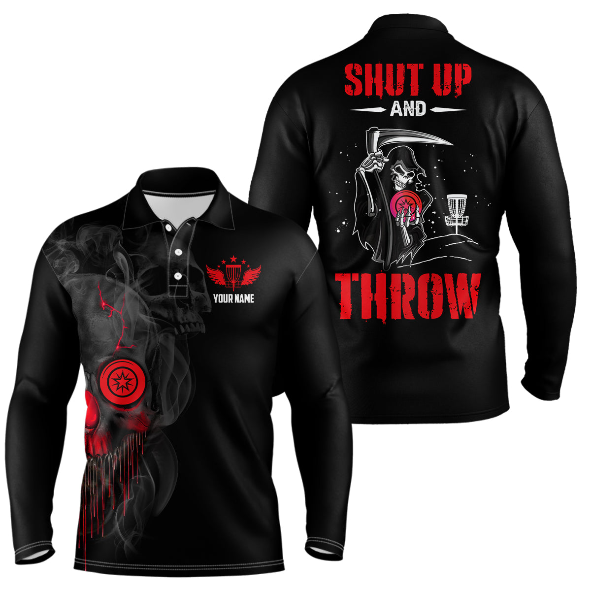 Custom Shut Up And Throw Smoky Skull Red Mens Disc Golf Polo Shirts Scary Golf Gifts For Men LDT0452