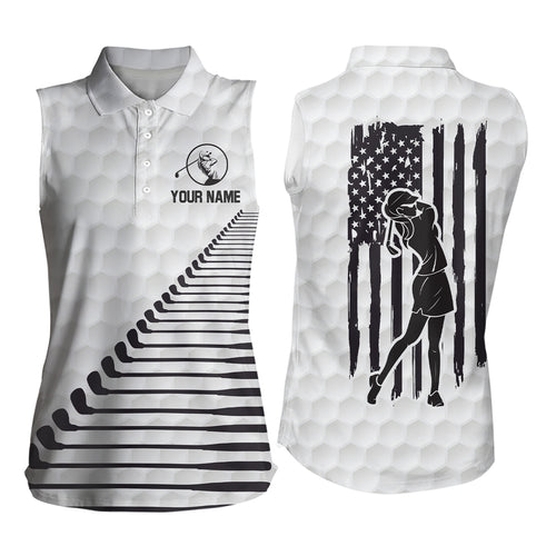 Black White American Flag Womens Sleeveless Polo Shirt Custom Patriotic Golf Tops For Women Golf Club LDT0771