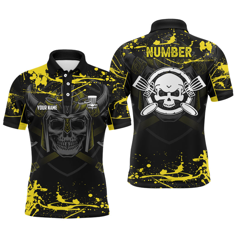 Mens Skull Disc Golf Polo Shirt Custom Yellow Golf Shirt With Skull Disc Golf Tops For Men Golf Gifts LDT0769