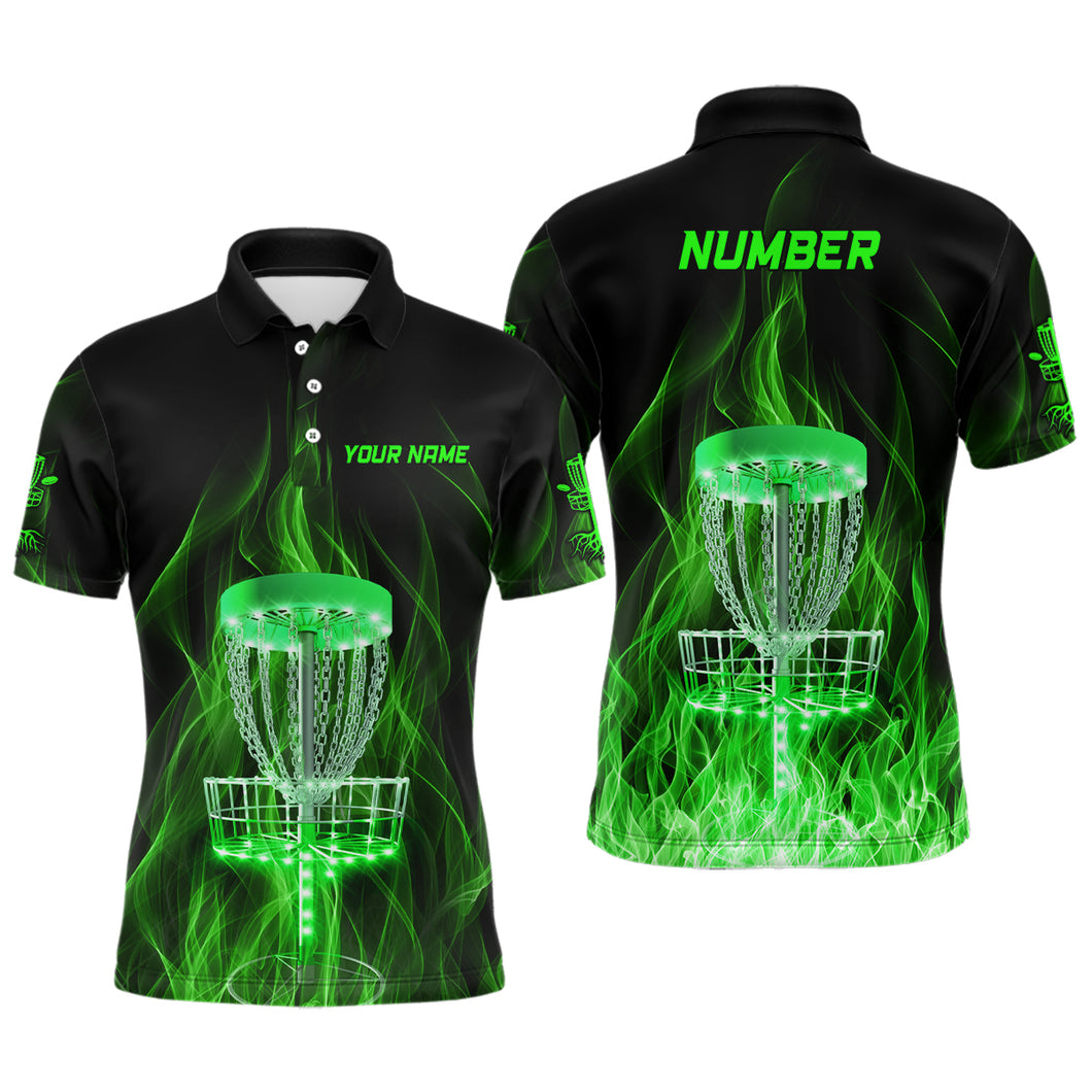 Green Fire Flame Disc Golf Basket Mens Polo Shirts Custom Disc Golf Shirts For Men Golf Gifts LDT1403