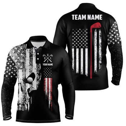American Flag Skull Mens Golf Polo Shirts Custom Patriotic Scary Golf Shirts For Men Golf Gifts LDT1405