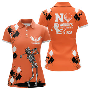 Womens Skull Golf Polo Shirt Argyle Pattern Orange Golf Shirt For Ladies Halloween Golf Gifts LDT0479