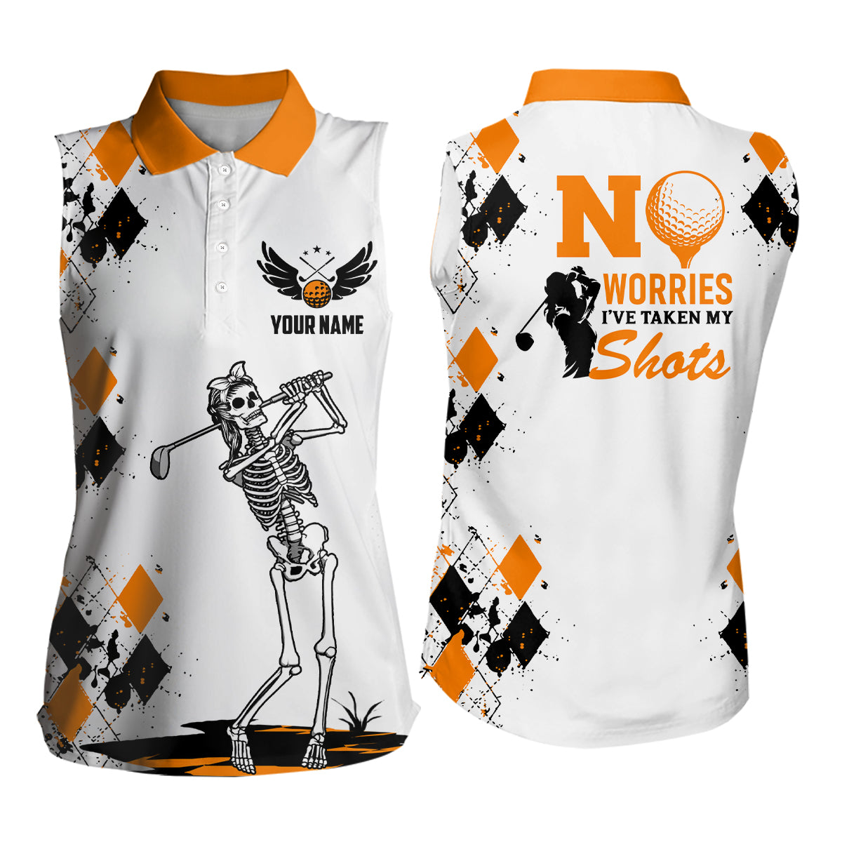 Skull Womens Sleeveless Polo Shirt Argyle Pattern Orange Golf Shirts For Ladies Halloween Golf Gifts LDT0480