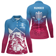 Load image into Gallery viewer, Pink Blue Silhouette Womens Disc Golf Polos Custom Disc Golf Basket Shirt Disc Golf Jersey LDT1013
