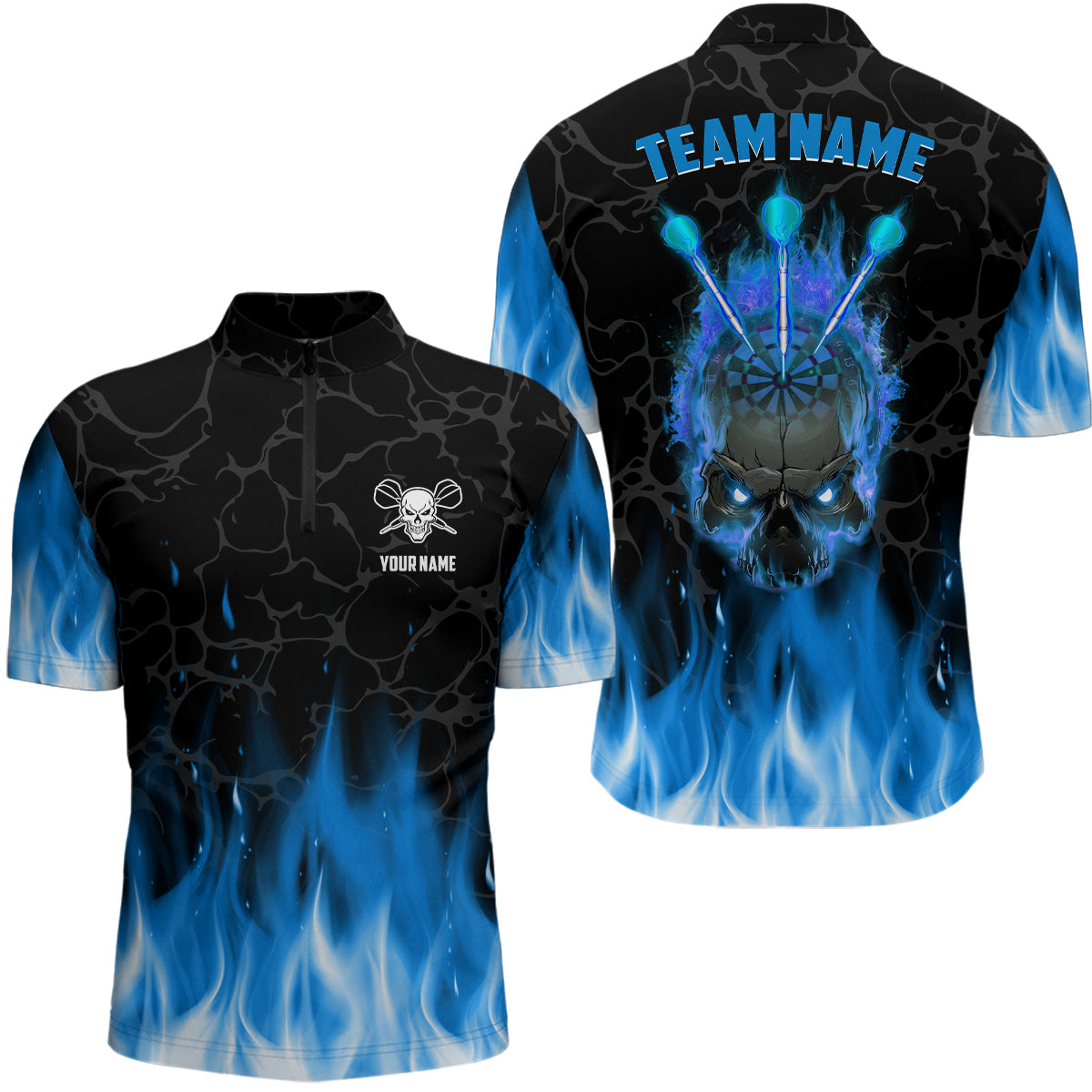 Blue Flame Skull Darts Quarter Zip Shirt Custom Scary Darts Shirt For Men Dart Jerseys LDT1422