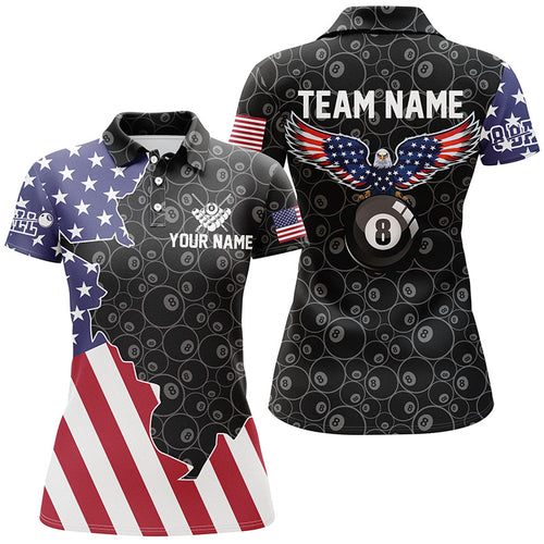 Personalized Eagle US Flag Billiard 3D Polo Shirts For Women, Custom 8 Ball Pool Billiards Jerseys VHM0451