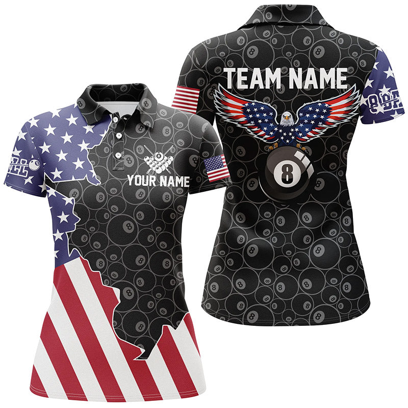 Personalized Eagle US Flag Billiard 3D Polo Shirts For Women, Custom 8 Ball Pool Billiards Jerseys VHM0451
