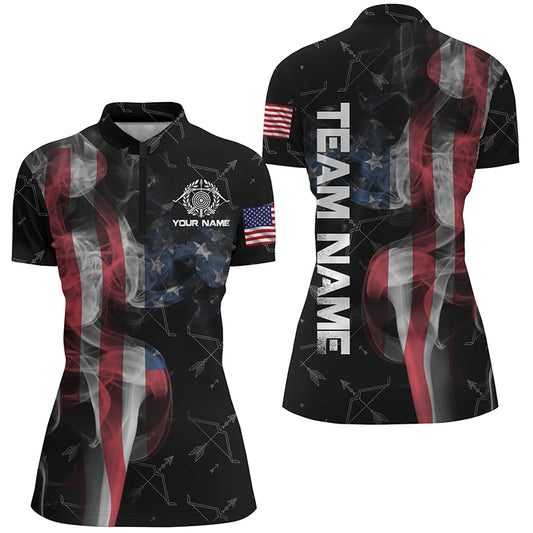 Personalized Vintage Smoke US Flag Archery Quarter-Zip Shirts For Women, Archery Bows Pattern Jerseys VHM0795