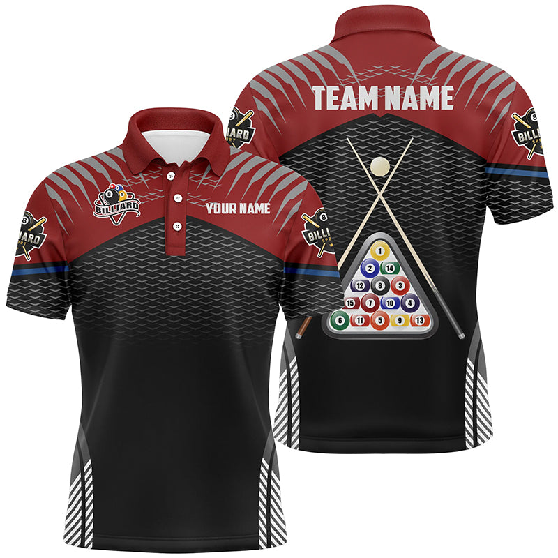 Personalized Sport Red Black 8 Ball Billiard 3D Polo Shirts For Men, Custom Billiard Balls Jerseys VHM1025