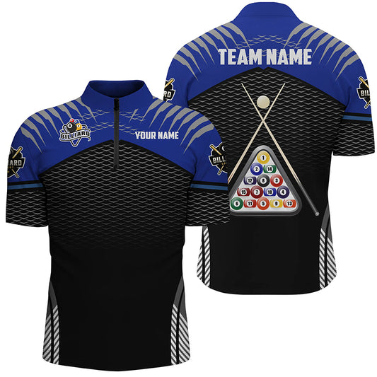 Personalized Sport Blue Black 8 Ball Billiard 3D Quarter-Zip Shirts For Men, Billiard Balls Jerseys VHM1026