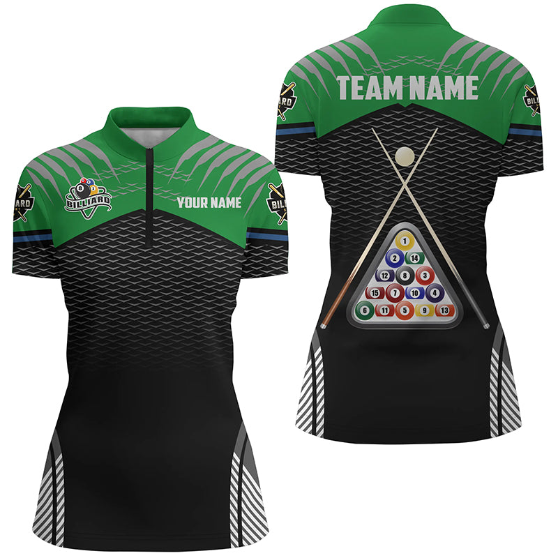Personalized Sport Green 8 Ball Billiard 3D Quarter-Zip Shirts For Women, Pool Billiard Balls Jerseys VHM1027