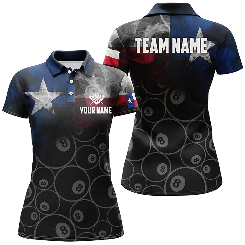 Personalized Vintage Smoke Texas Flag Billiard Polo Shirts For Women, Custom 8 Ball Pool Team Jerseys VHM0697
