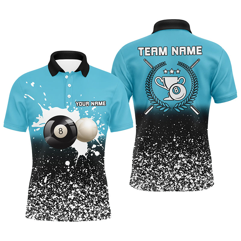 Personalized Blue White Paint Splash 8 Ball Billiard 3D Polo Shirts For Men, Billiards Jerseys VHM0460